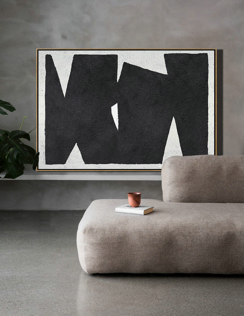 Acrylic Painting On Canvas,Oversized Horizontal Minimalist Geometric Art On Canvas, Black And White Minimalist Painting - Large Contemporary Painting